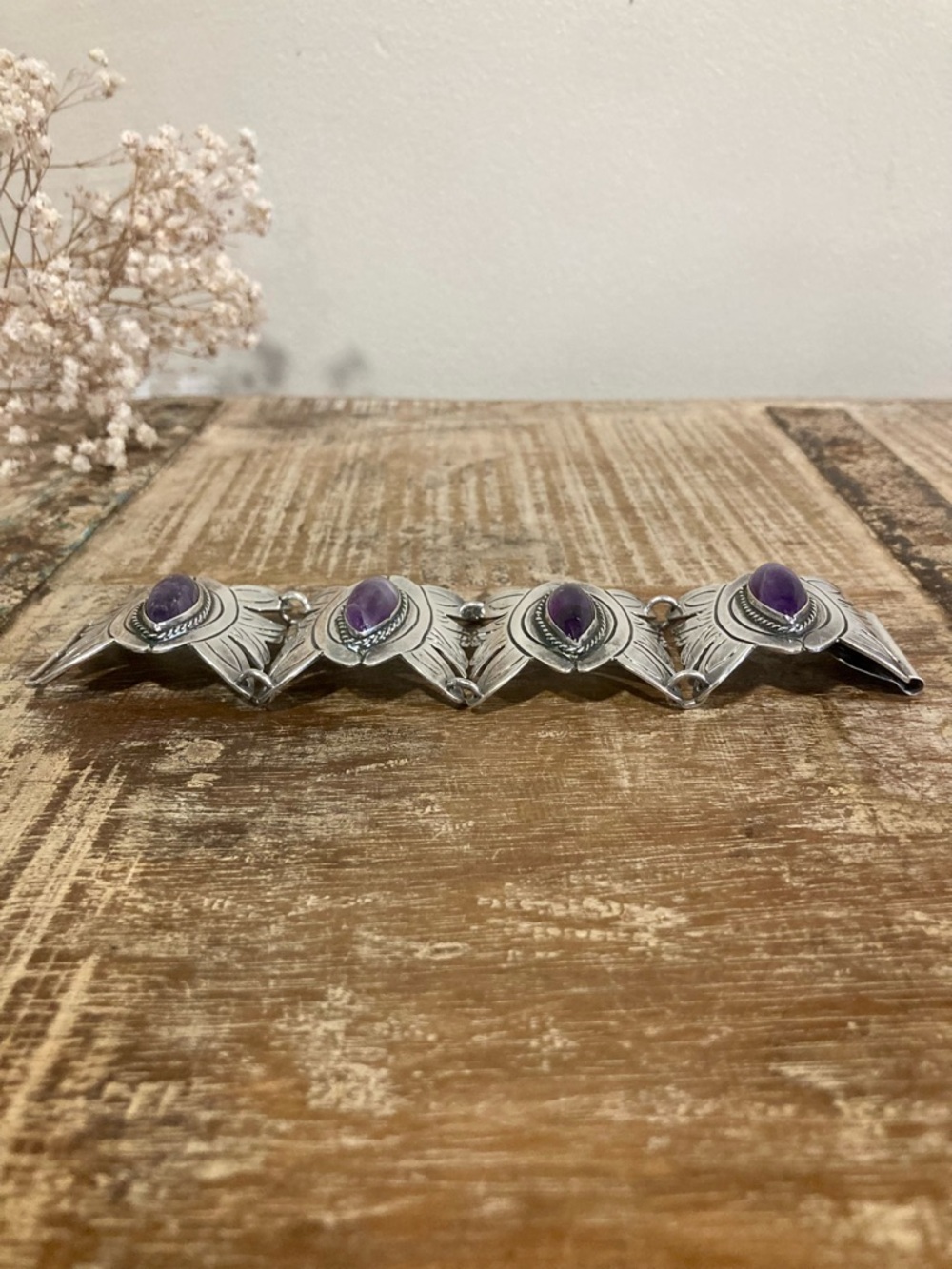 Vintage Mexican Silver & Purple Panel Bracelet • 83g • Handcrafted Boho Style - Picture 5 of 16